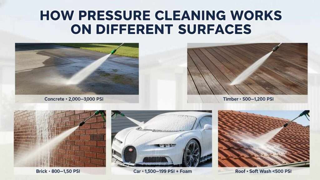 Professional montage thumbnail showing safe, effective pressure cleaning techniques on five common surfaces: concrete driveway, timber deck, brick wall, roof tiles, and car — each with correct pressure, nozzle, and visible clean results.