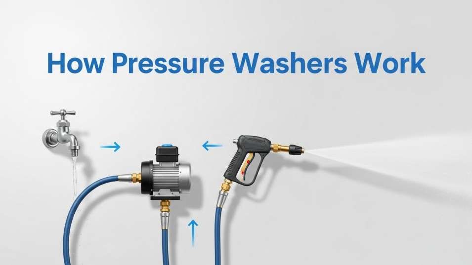 Simple diagram explaining pump, motor, hose and nozzle system inside a pressure washer