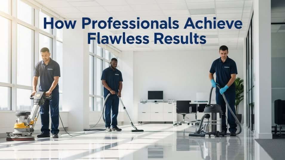 Professional floor restoration team using advanced buffing equipment.