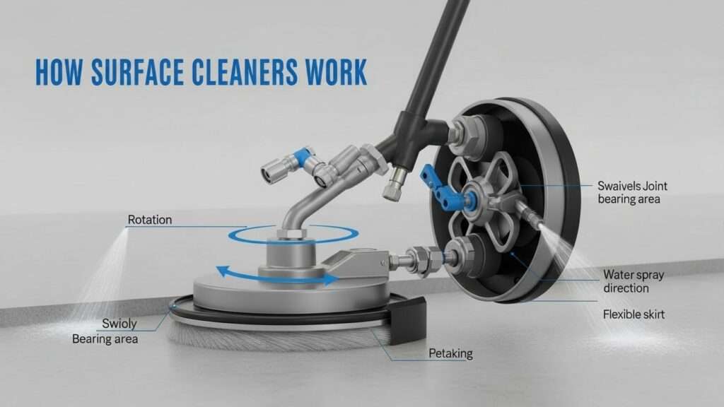 Cutaway diagram of a surface cleaner showing the rotating spray bar, nozzles, skirt, and swivel