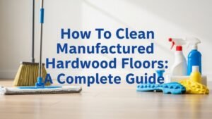 Professional cleaning setup on engineered hardwood floor with mop and broom