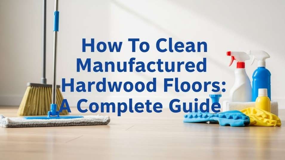 Professional cleaning setup on engineered hardwood floor with mop and broom