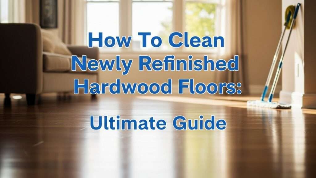 Modern living room with glossy newly refinished hardwood floors and cleaning tools