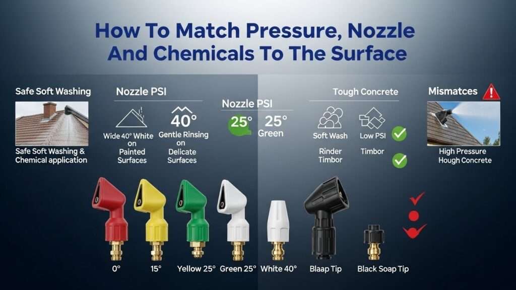 Guide showing how to match pressure washer nozzle angles, pressure levels, and chemicals to different surfaces such as concrete, brick, timber, render, and roofs.