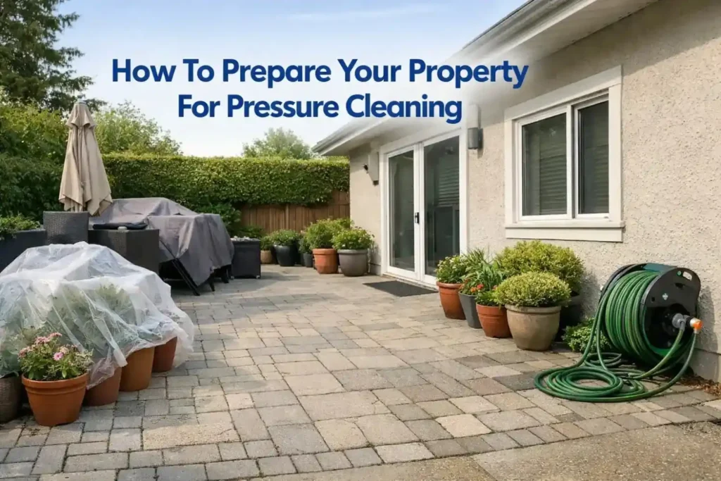 Home exterior prepared for pressure cleaning with cleared access, moved outdoor items, and protected plants
