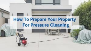 Preparing a residential property for pressure cleaning with cleared surfaces and protected landscaping