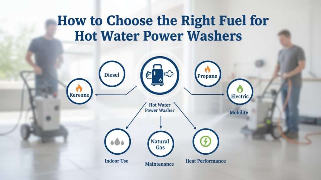 Guide to choosing the right heating fuel for hot water pressure washers based on job needs and site conditions