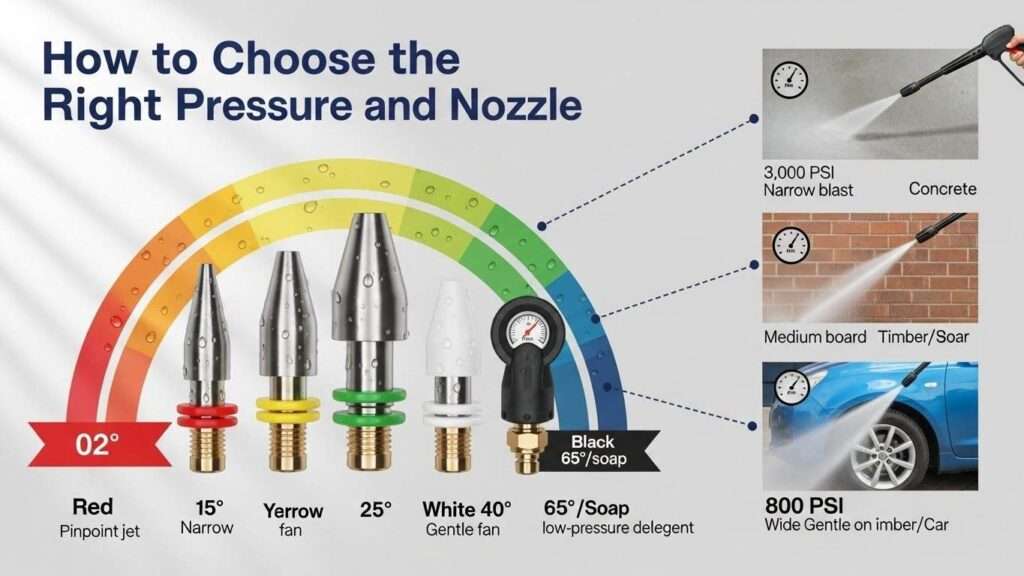 Professional guide thumbnail displaying color-coded nozzles (red 0°, yellow 15°, green 25°, white 40°, black soap) with spray patterns, safe PSI ranges, and surface examples for correct pressure cleaning selection.