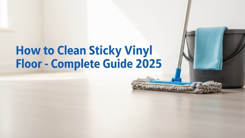 Clean vinyl floor with mop and bucket for sticky vinyl cleaning guide.