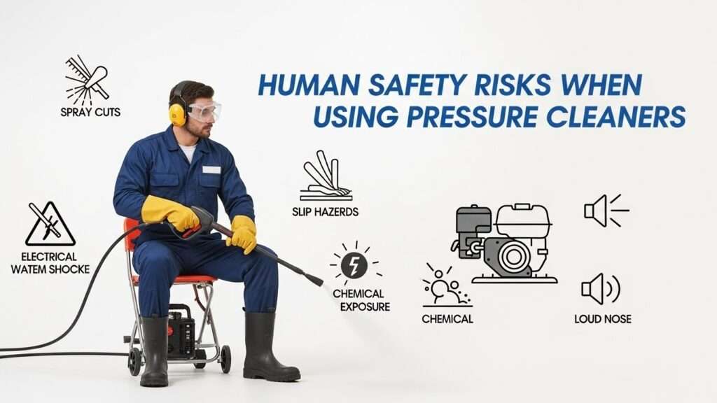 Pressure cleaning operator wearing PPE with icons showing human safety risks like cuts, slips, electrical shock, chemical exposure, and noise.