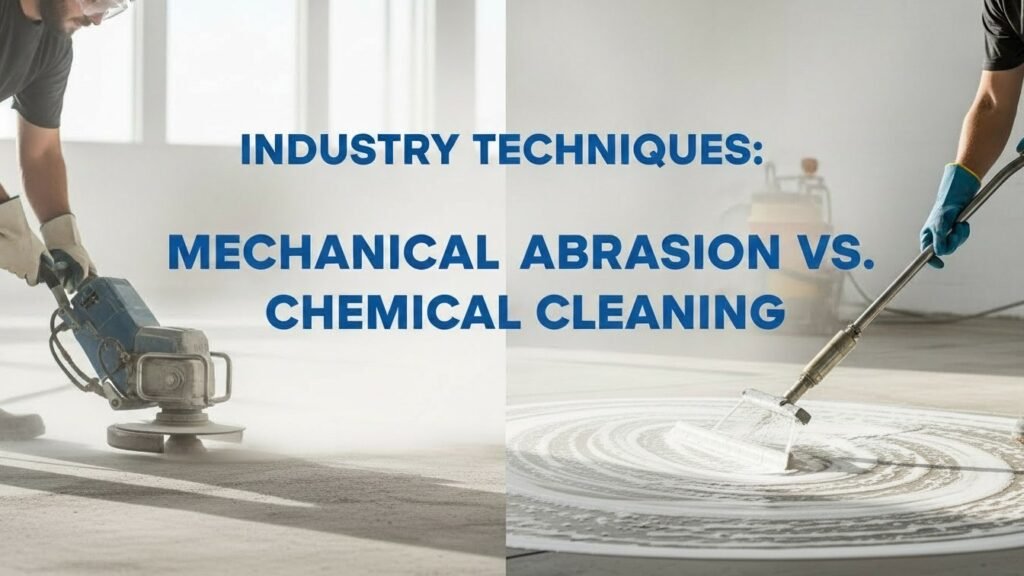 Mechanical abrasion and chemical cleaning of concrete floors