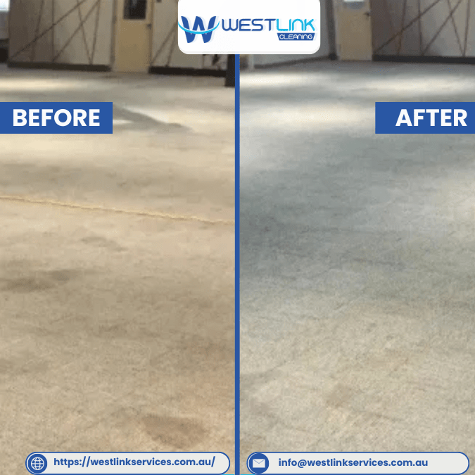 Before and after large commercial carpet cleaning, showing overall dullness reduced and the carpet looking brighter across the floor.
