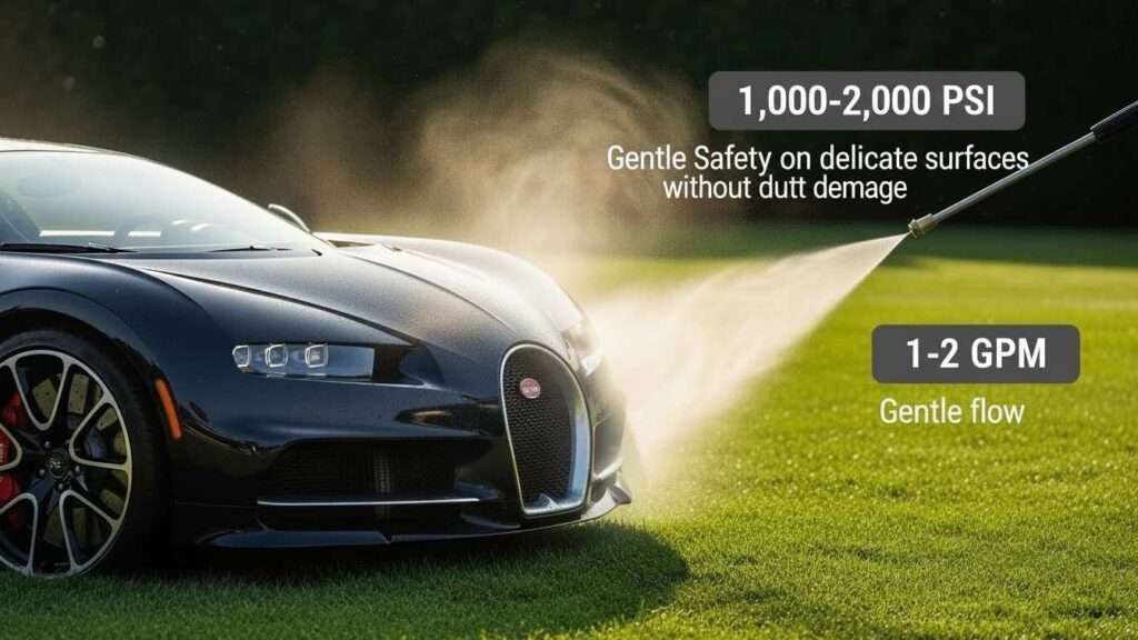 Light-duty power washing on a Bugatti Tourbillon car with safe PSI and GPM.