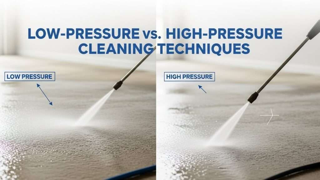 Textured concrete floor being cleaned with low-pressure and high-pressure washers side by side.