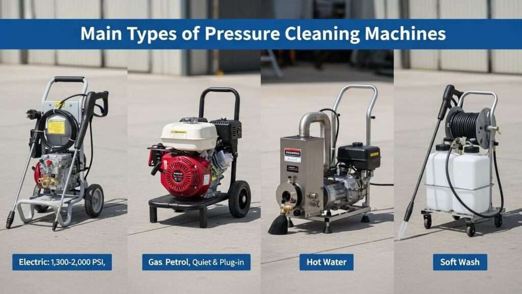 Enhanced thumbnail showcasing the main types of pressure cleaning machines, including detailed views of electric with plugs, petrol-powered with engines, hot water with steam systems, and soft wash with chemical injectors, in a comparative grid.