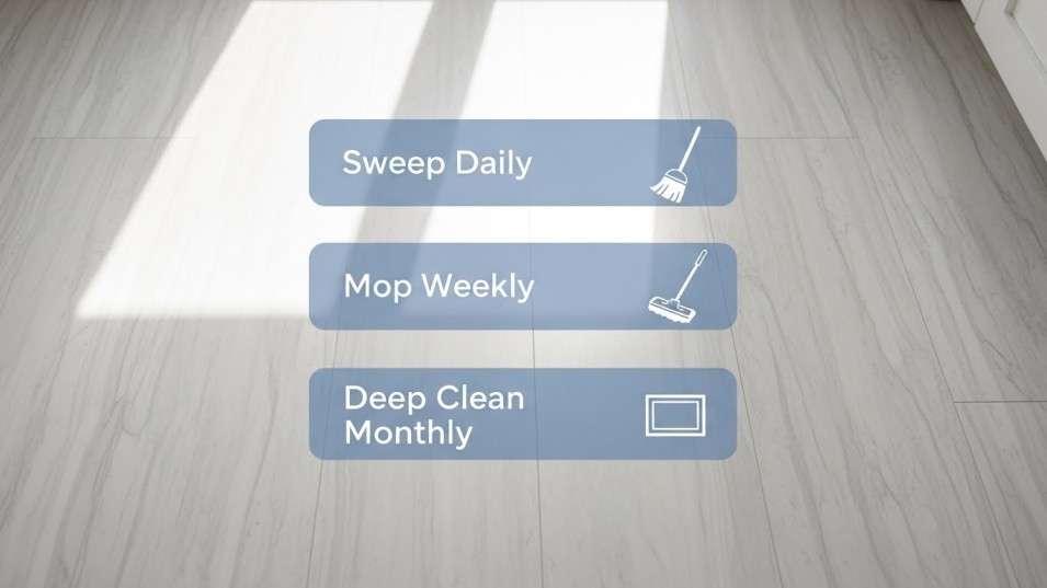 Vinyl floor maintenance schedule: daily sweep, weekly mop, monthly deep clean
