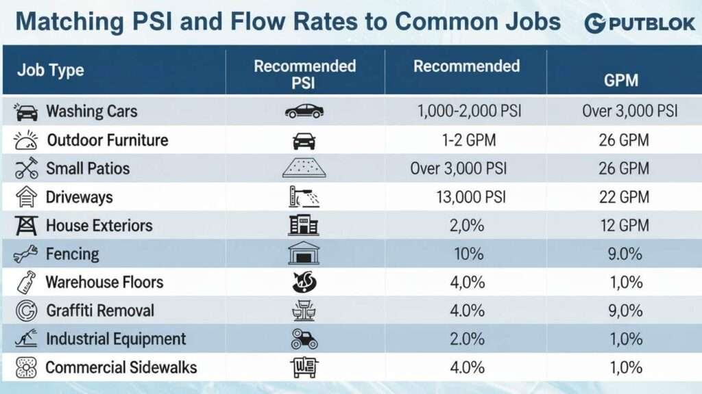 Chart matching PSI and GPM to common power washing jobs.
