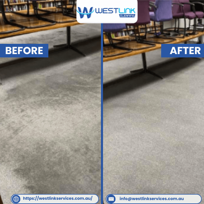 Before and after meeting room carpet cleaning showing embedded dirt under tables removed and carpet brightened.