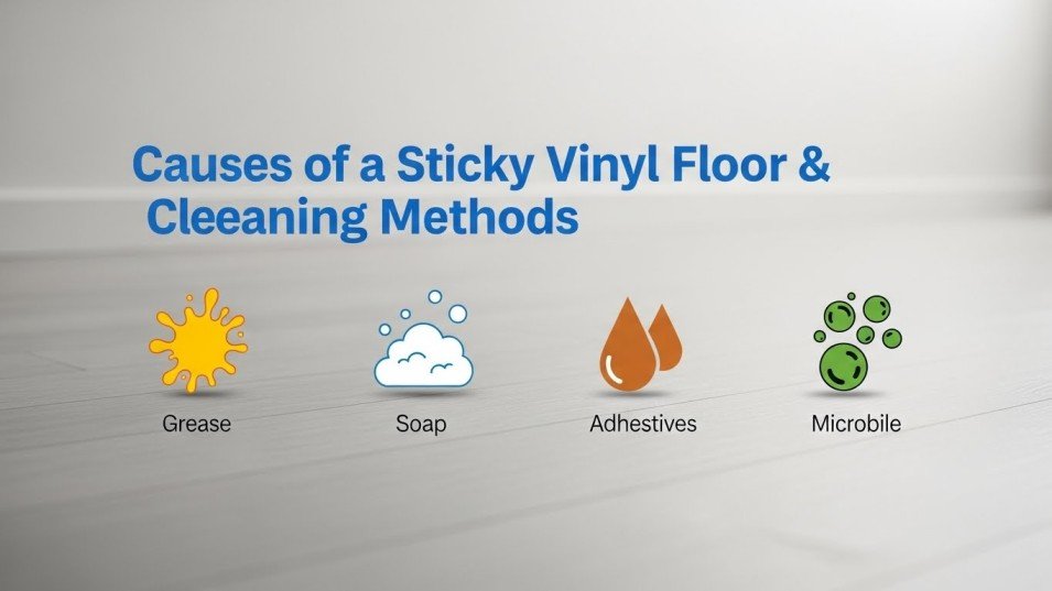 Icons representing different causes of sticky vinyl floors.