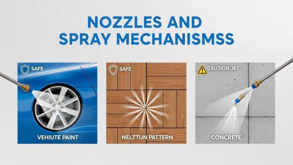 Spray wand showing different spray patterns on paint, wood, and concrete surface tiles with safety icons.