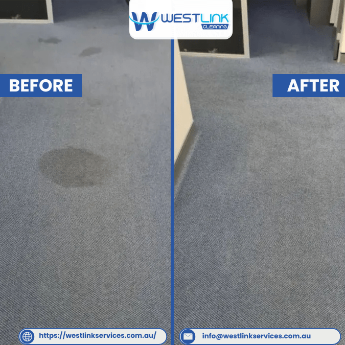Before and after office carpet spot cleaning showing a large circular stain reduced and fibres cleaned to blend in