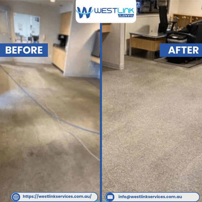 Before and after office reception carpet cleaning showing worn, dull carpet refreshed and tone evened out.