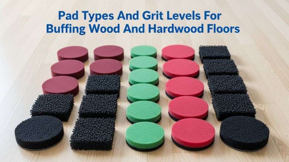 Floor buffing pads and grit screens organized for wood floor refinishing.
