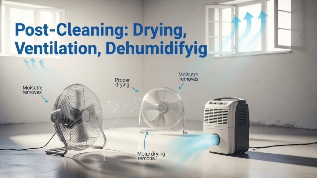 Basement floor being dried with fans and dehumidifier, showing proper ventilation and title overlay.