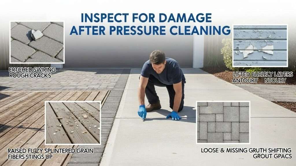 Professional inspecting clean concrete surface for post-pressure washing damage including etching, cracks, and other issues.