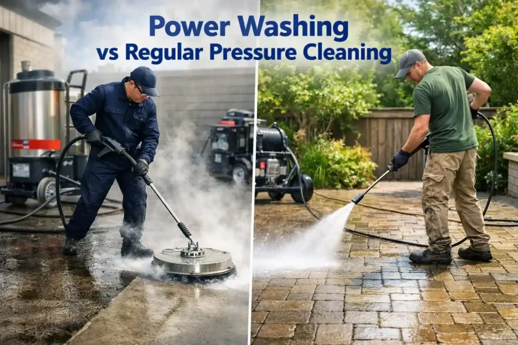 Power washing vs regular pressure cleaning comparison showing hot water steam cleaning and cold water pressure washing on outdoor surfaces.