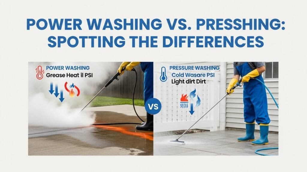 Comparative thumbnail of power washing with hot water versus pressure washing with cold water.
