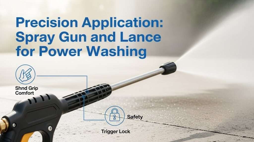 FAQ-style graphic with icons for PPE, pump oil, nozzle choice, hose safety, and winterizing a power washer.