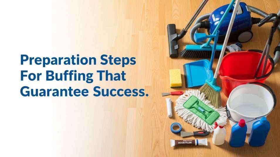 Preparation tools for hardwood floor buffing including vacuum and cleaners.