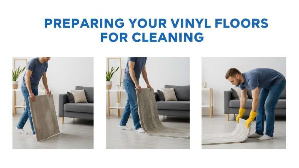 Person moving furniture and rugs to prepare vinyl flooring for cleaning.