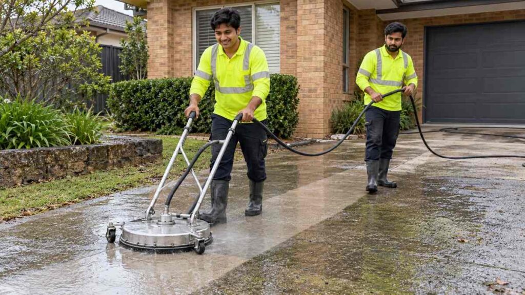 Two professional cleaners pressure washing a concrete driveway outside a residential house in Sydney, Australia.