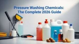 Pressure washing chemicals arranged with professional cleaning tools for an educational guide.