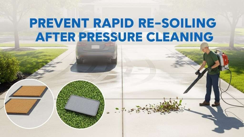 Maintaining a clean concrete driveway by regular sweeping, trimming shade trees, using entry mats, and varying parking positions to prevent rapid re-soiling.