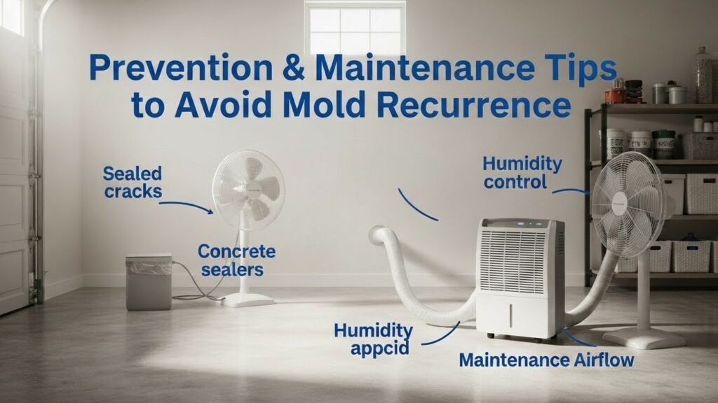 Basement showing preventive measures like sealed cracks, dehumidifier, and fans with title overlay.