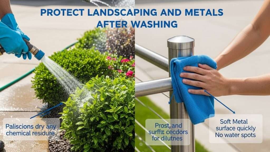 Protecting plants by rinsing off residues and drying metal fixtures to prevent rust after pressure washing.