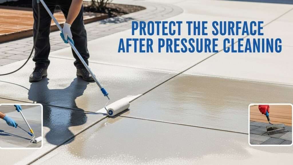 Professional applying protective concrete sealer to clean dry driveway for long-term resistance to stains and weathering.