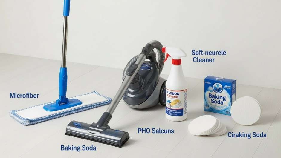 Recommended tools and supplies for cleaning vinyl floors displayed neatly.