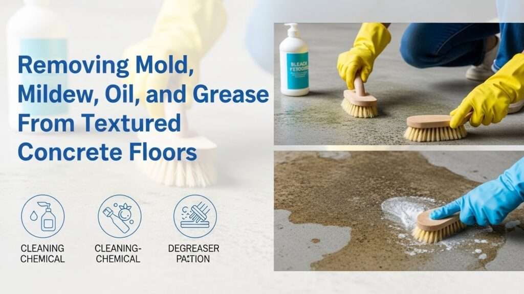 Scrubbing textured concrete floor to remove mold, mildew, and oil stains.