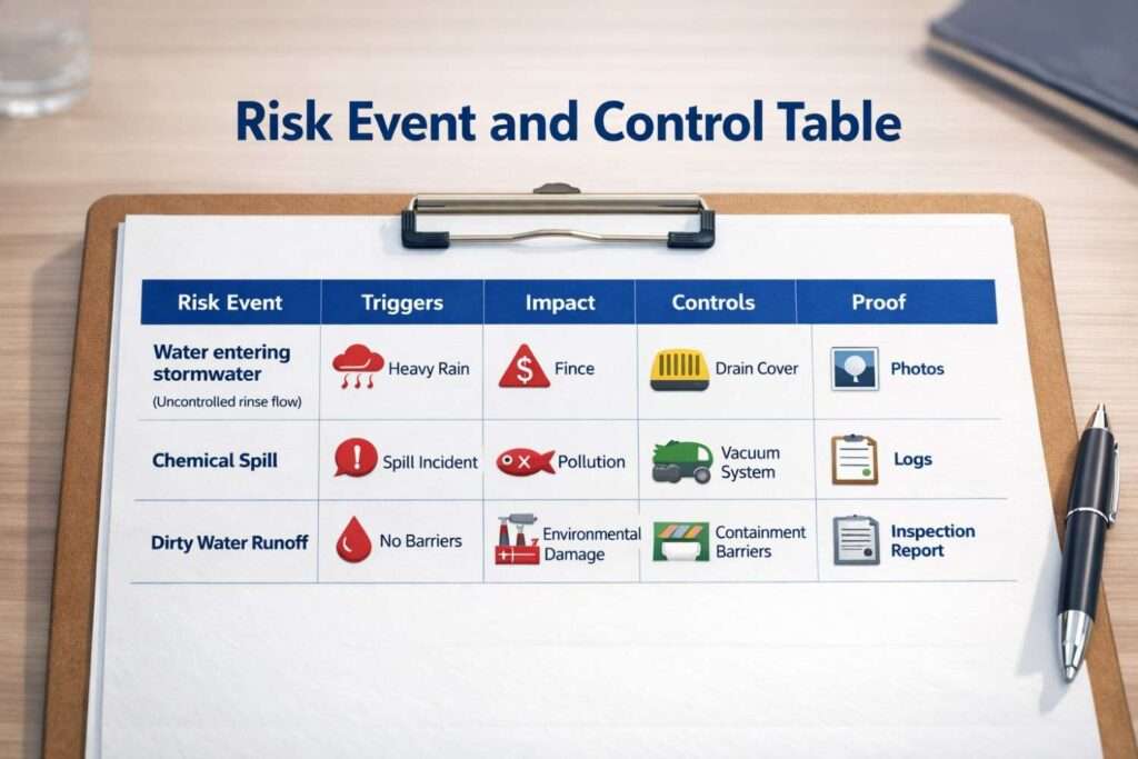 Thumbnail of a risk and control table for pressure washing safety, featuring visual icons to simplify understanding of hazards and mitigation strategies in degreaser use.