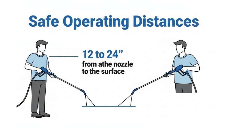 Illustration showing correct spray distance and body position for pressure washing.