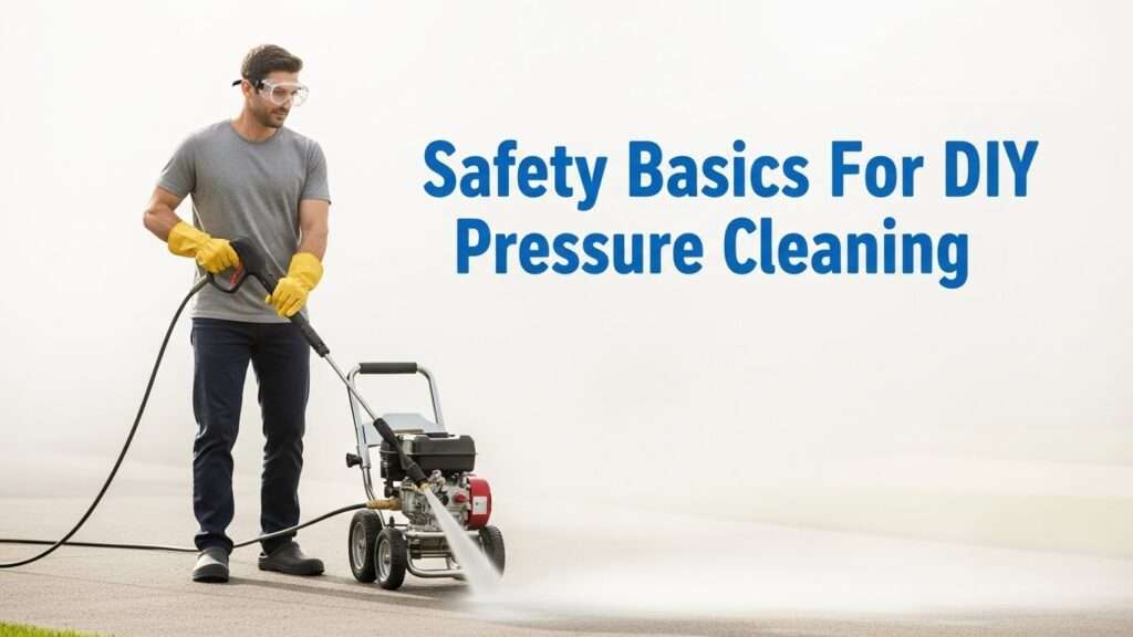 Homeowner wearing PPE safely using a pressure washer in a suburban driveway.