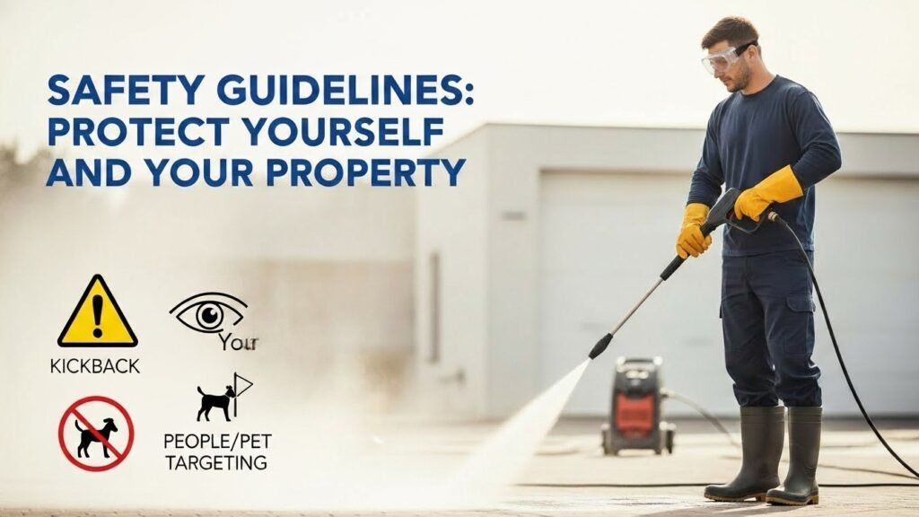 Power washing safety practices with PPE and correct technique