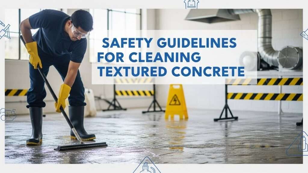 Person wearing protective gear while cleaning textured concrete floor with safety precautions.