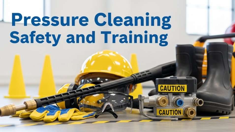 Safety PPE displayed with pressure washer equipment ready for training session