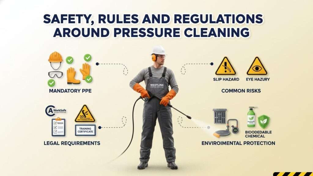 Professional safety thumbnail showing a fully protected operator surrounded by PPE, risk warnings, regulatory symbols, and environmental protection icons for pressure cleaning.