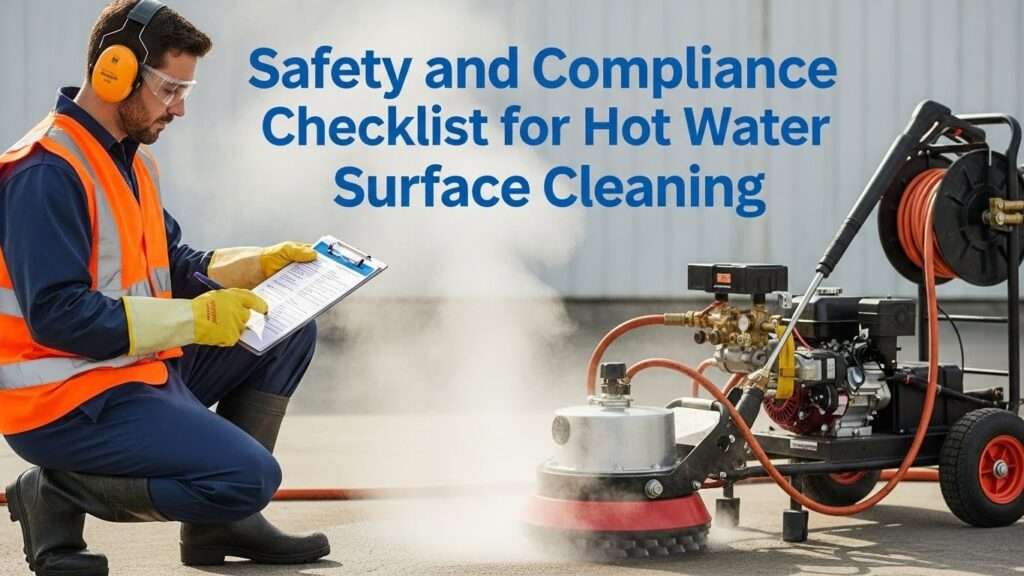 Professional operator in full PPE reviewing a safety checklist on a clipboard while standing next to a hot water pressure washer and surface cleaner on a concrete floor,